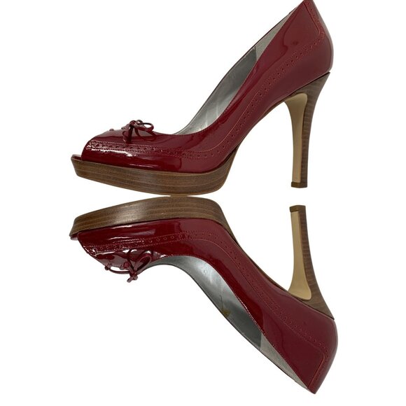 Marc Fisher Red Patent Leather Peep Toe Platform Heels 4" Heel Size 10M Shoes - Picture 2 of 10
